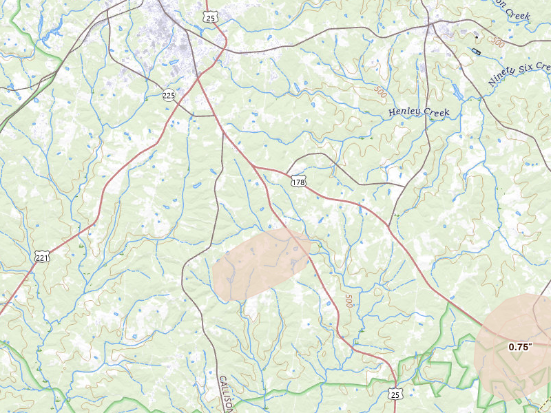 Radar-estimated hail-size map of the storm over Greenwood, SC on Aug 21, 2026