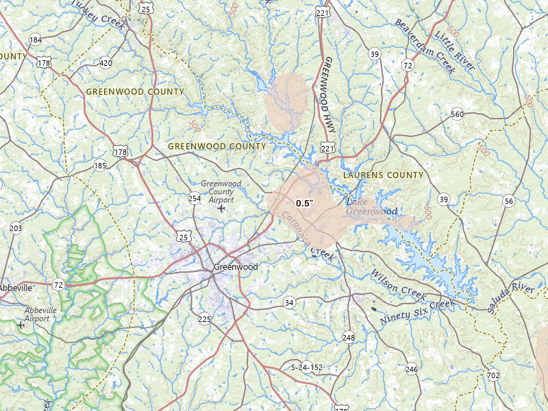Radar-estimated hail-size map of the storm over Greenwood, SC