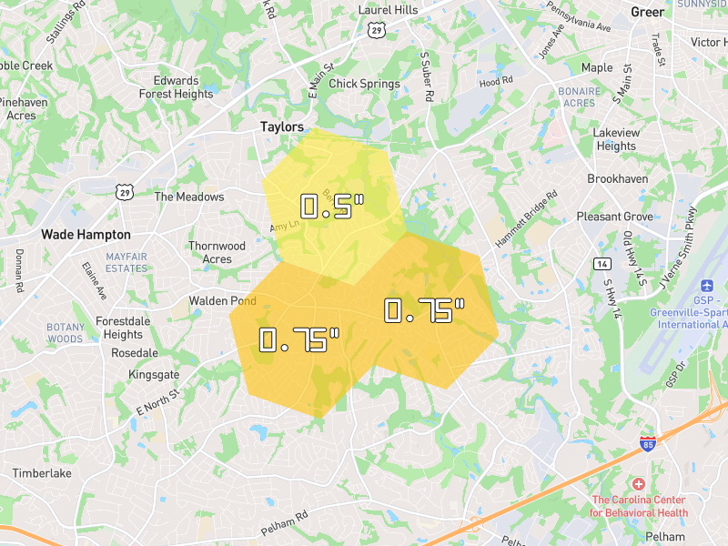 Hail map of Greer, SC on Jul 2, 2026, hail up to 0.75"