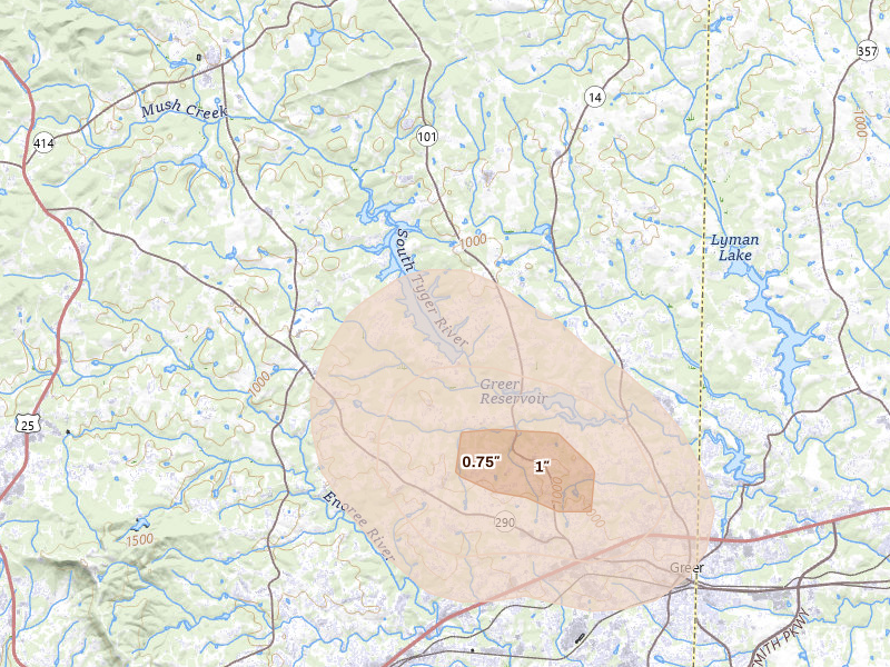 Radar-estimated hail-size map of the storm over Greer, SC on Aug 11, 2026