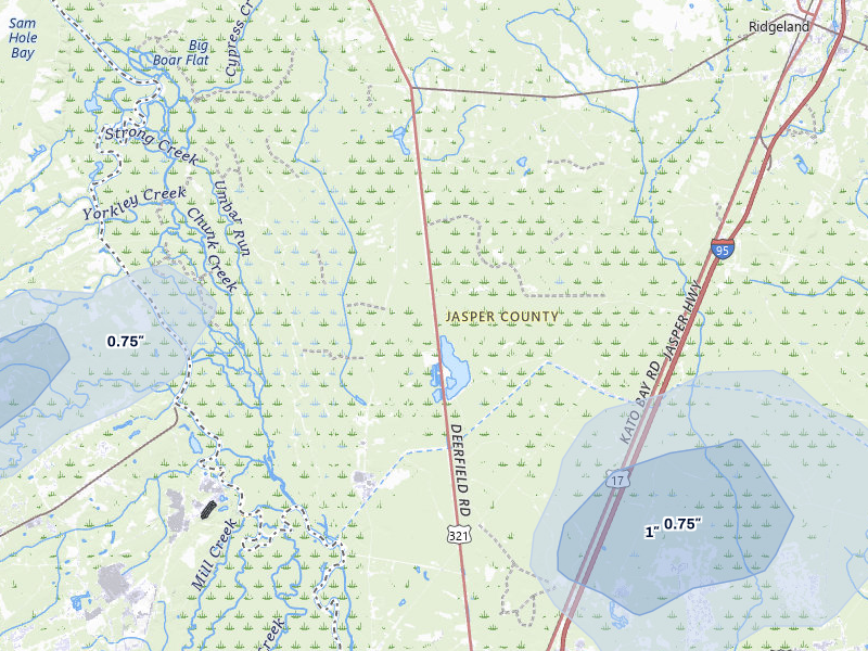 NEXRAD radar-signature map of the hail storm over Hardeeville, SC on Jul 9, 2026