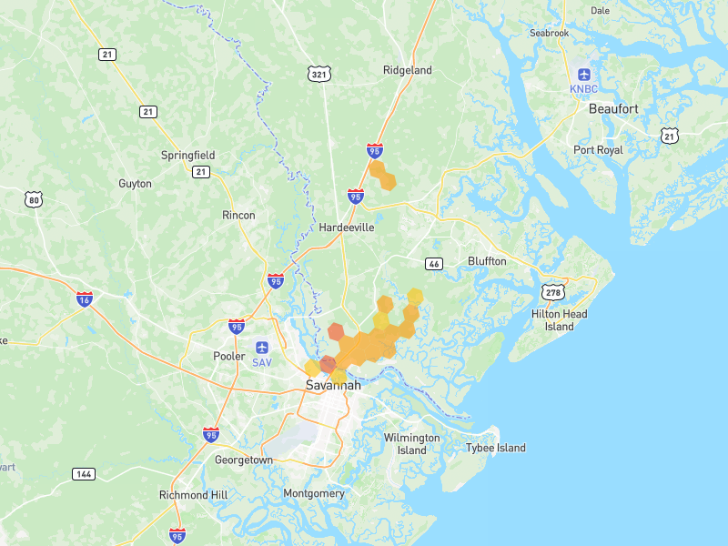 Hail map of Hardeeville, SC on Jul 10, 2026, hail up to 1.5"