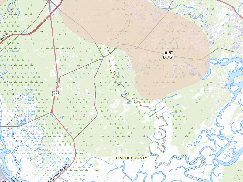 Radar-estimated hail-size map of the storm over Hardeeville, SC on Aug 11, 2026