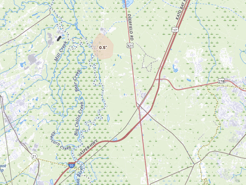 Radar-estimated hail-size map of the storm over Hardeeville, SC on Aug 14, 2026