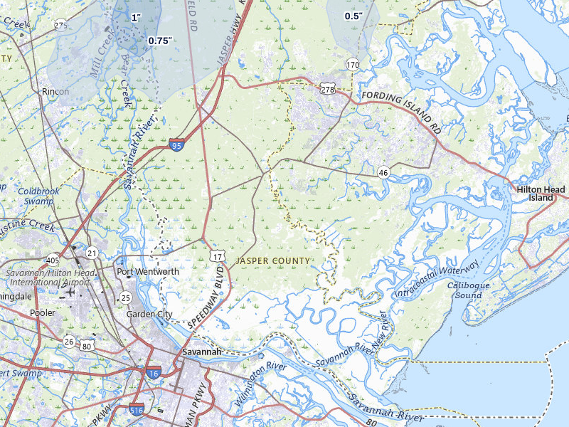 NEXRAD radar-signature map of the hail storm over Hardeeville, SC on Aug 14, 2026