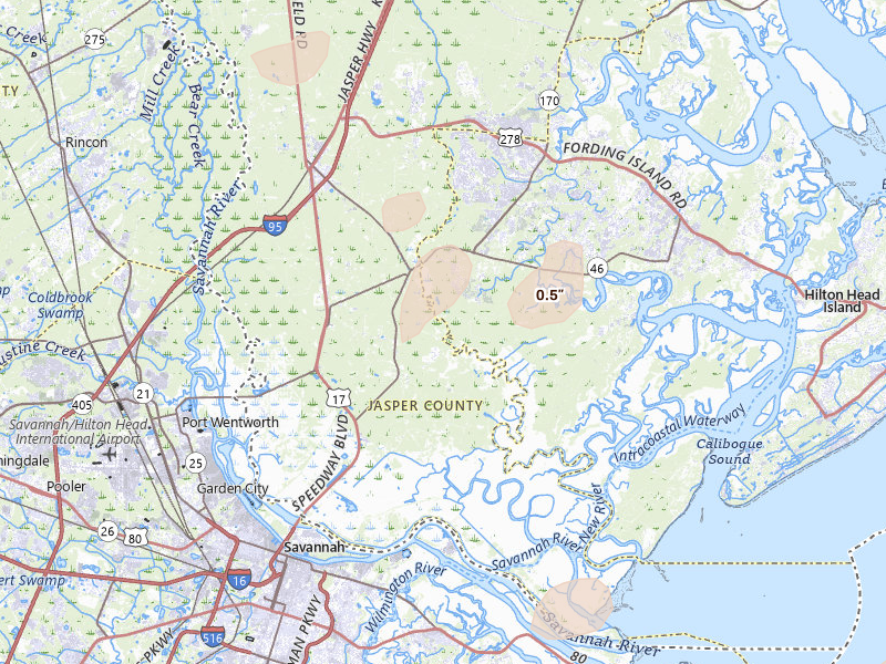 Radar-estimated hail-size map of the storm over Hardeeville, SC on Aug 22, 2026