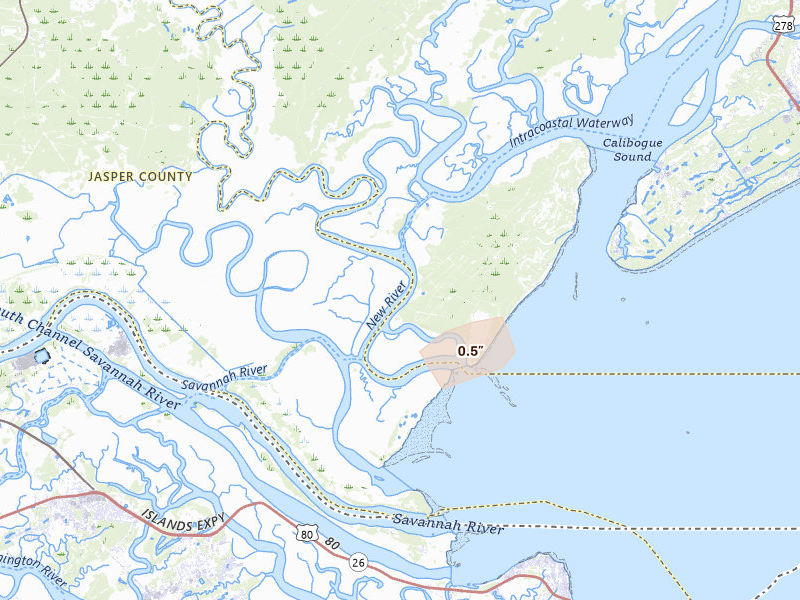 Radar-estimated hail-size map of the storm over Hardeeville, SC on Aug 24, 2026
