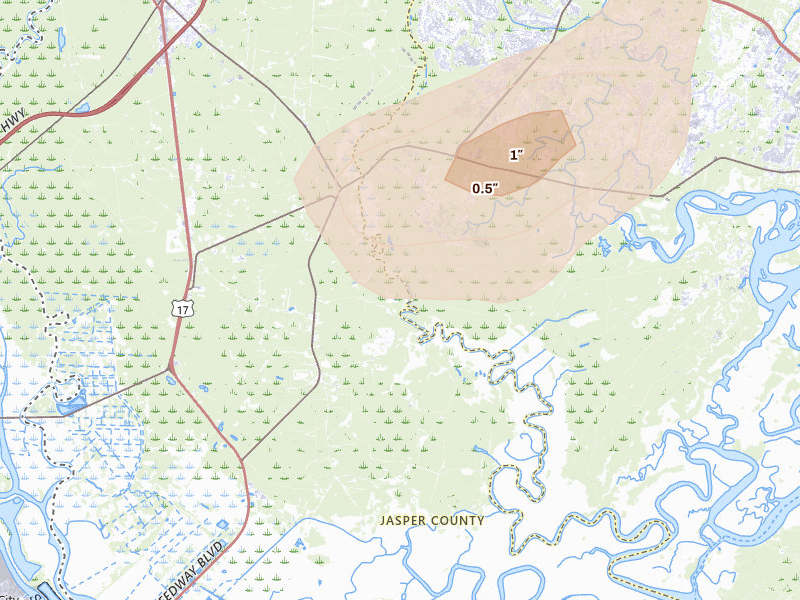 Radar-estimated hail-size map of the storm over Hardeeville, SC on Aug 25, 2026