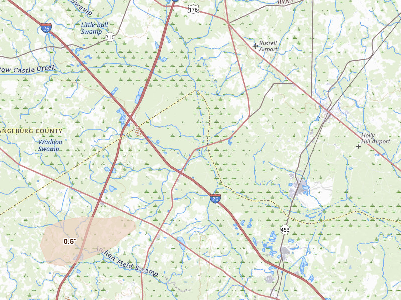 Radar-estimated hail-size map of the storm over Harleyville, SC on Jun 26, 2026