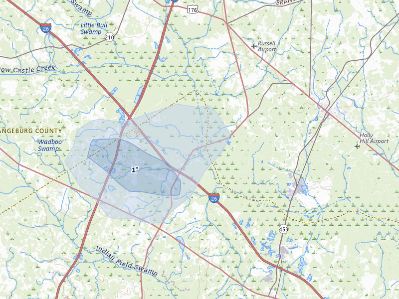NEXRAD radar-signature map of the hail over Harleyville, SC
