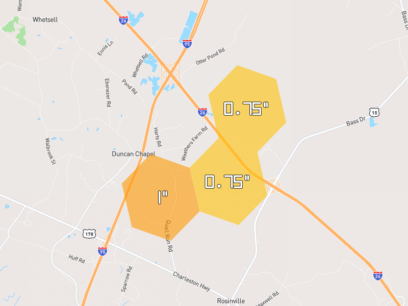 Hail map of Harleyville, SC on Jun 26, 2026, hail up to 1"