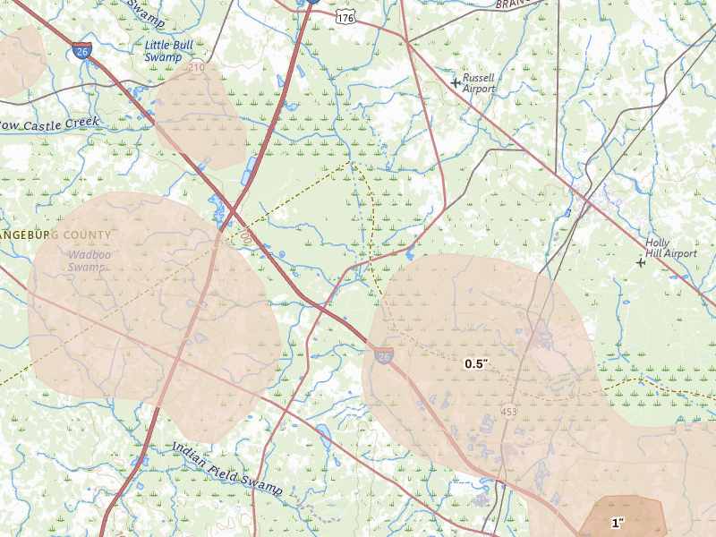 Radar-estimated hail-size map of the storm over Harleyville, SC on Jul 6, 2026
