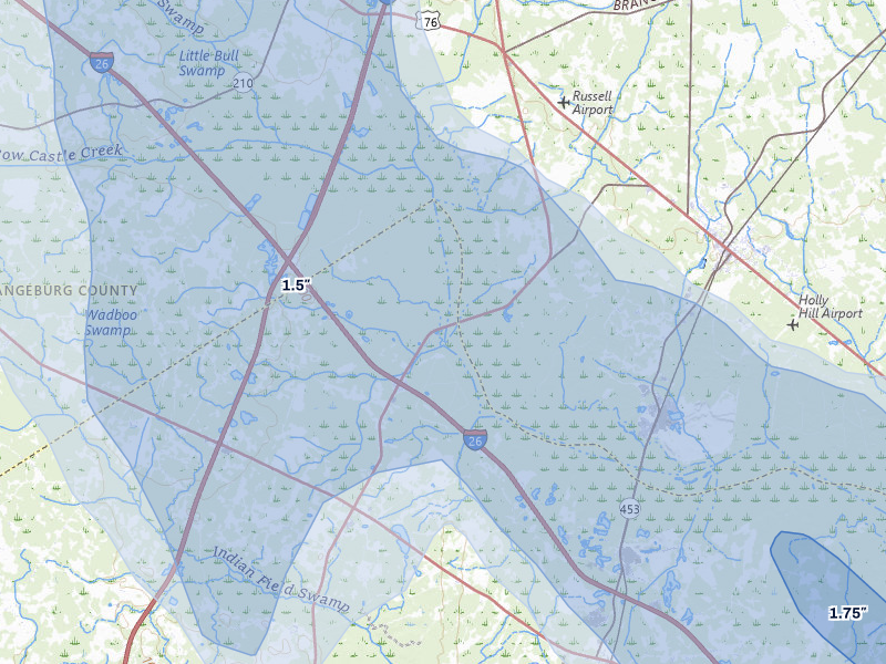 NEXRAD radar-signature map of the hail over Harleyville, SC