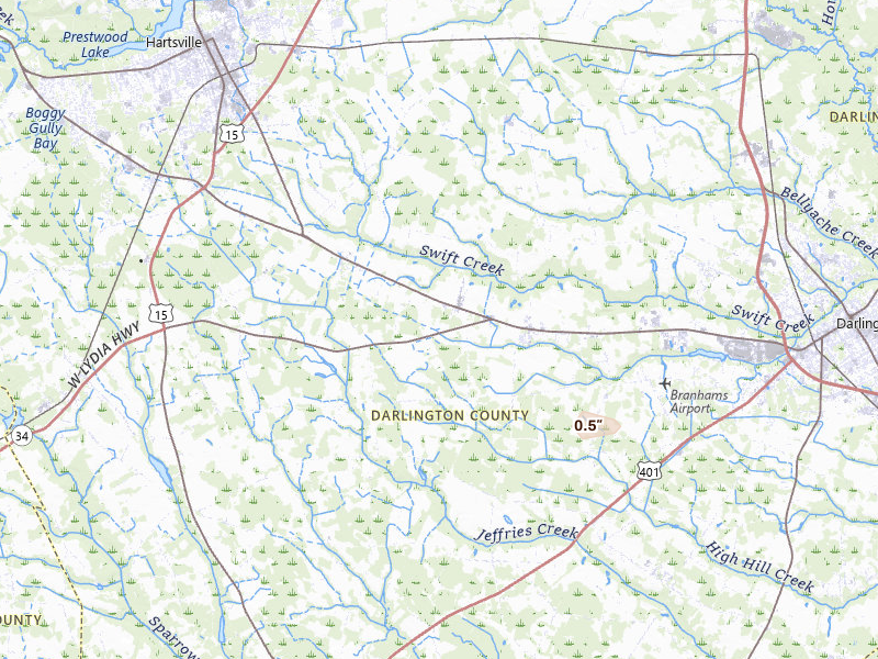 Radar-estimated hail-size map of the storm over Hartsville, SC on Jul 12, 2026