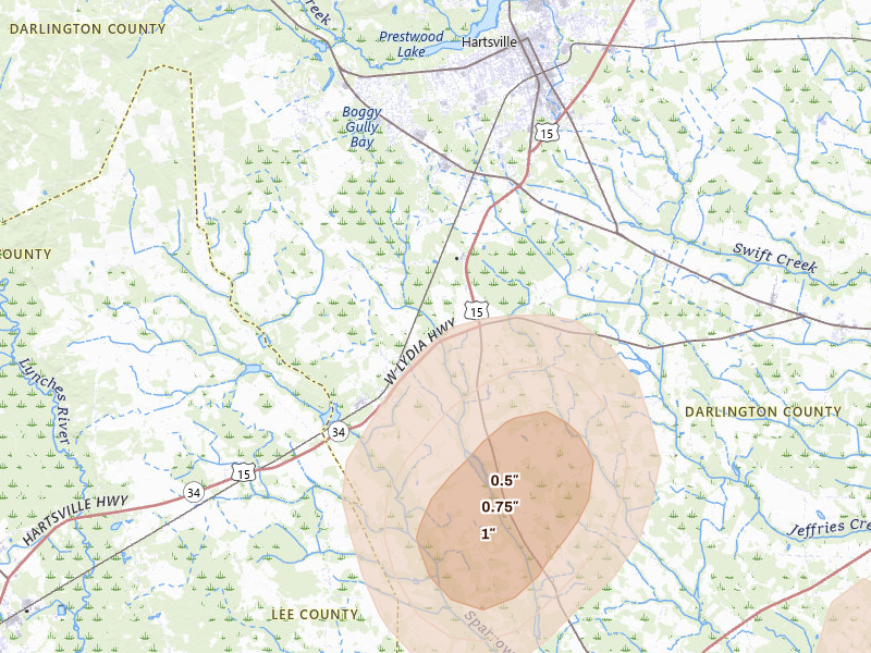 Radar-estimated hail-size map of the storm over Hartsville, SC on Aug 6, 2026