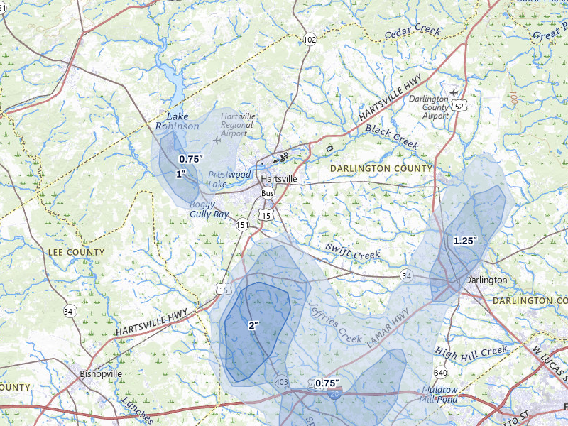 NEXRAD radar-signature map of the hail storm over Hartsville, SC on Aug 6, 2026