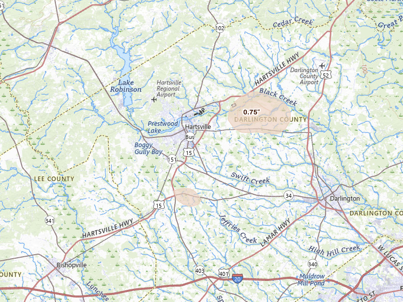 Radar-estimated hail-size map of the storm over Hartsville, SC on Aug 10, 2026