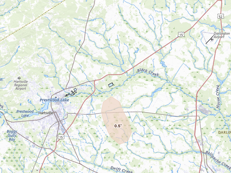 Radar-estimated hail-size map of the storm over Hartsville, SC on Aug 20, 2026