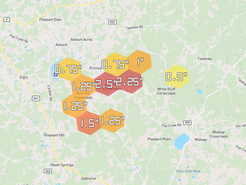Hail map of Heath Springs, SC on Jul 10, 2026, hail up to 2.5"