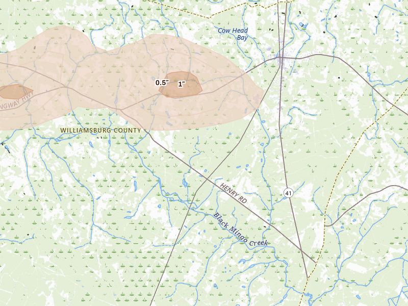 Radar-estimated hail-size map of the storm over Hemingway, SC on Jul 11, 2026