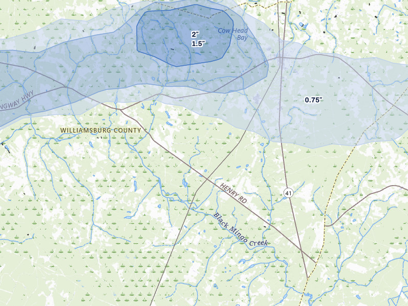 NEXRAD radar-signature map of the hail over Hemingway, SC