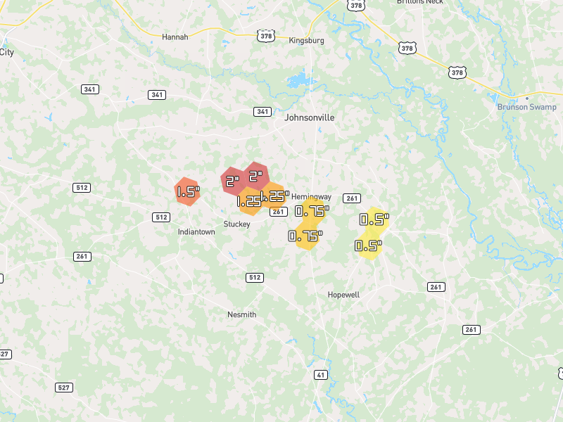 Hail map of Hemingway, SC on Jul 11, 2026, hail up to 2"
