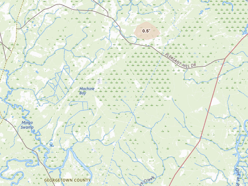 Radar-estimated hail-size map of the storm over Hemingway, SC on Jul 12, 2026