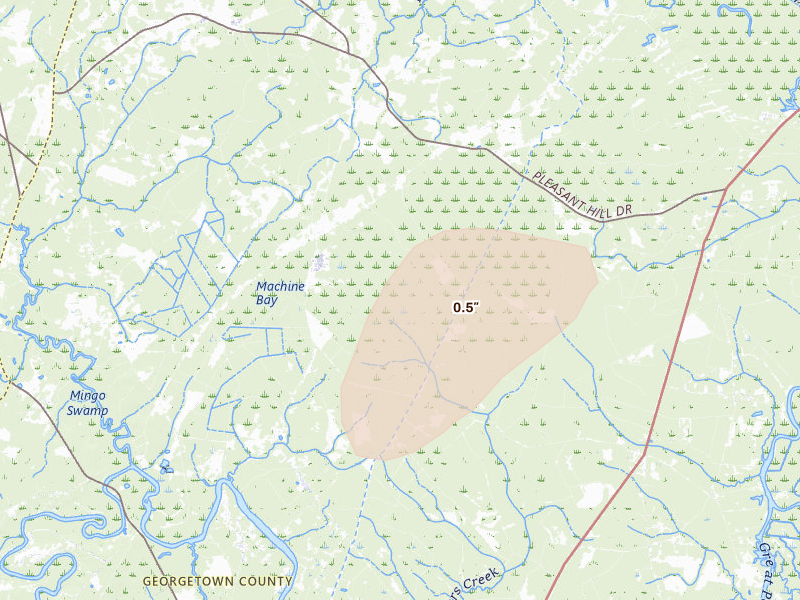 Radar-estimated hail-size map of the storm over Hemingway, SC on Aug 22, 2026