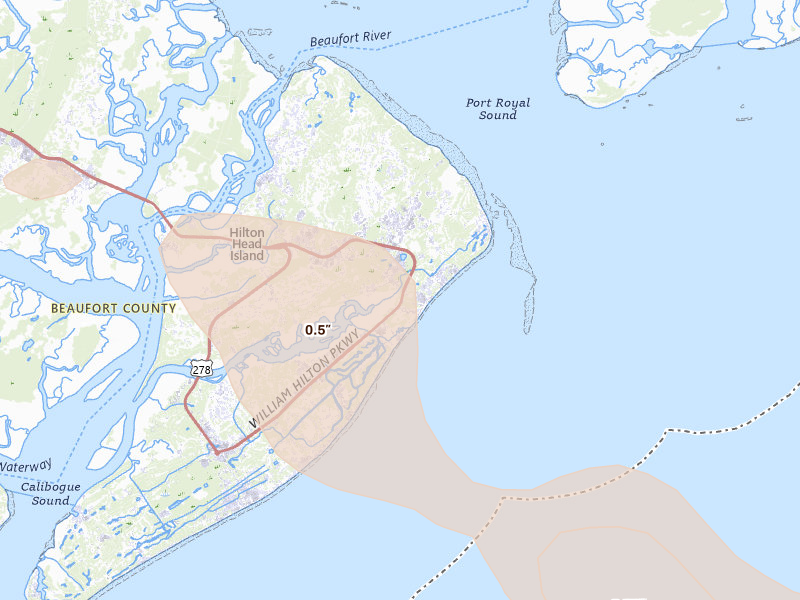 Radar-estimated hail-size map of the storm over Hilton Head Island, SC on Jul 12, 2026