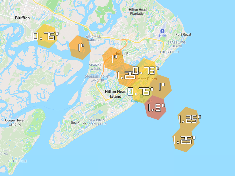 Hail map of Hilton Head Island, SC on Jul 12, 2026, hail up to 1.5"