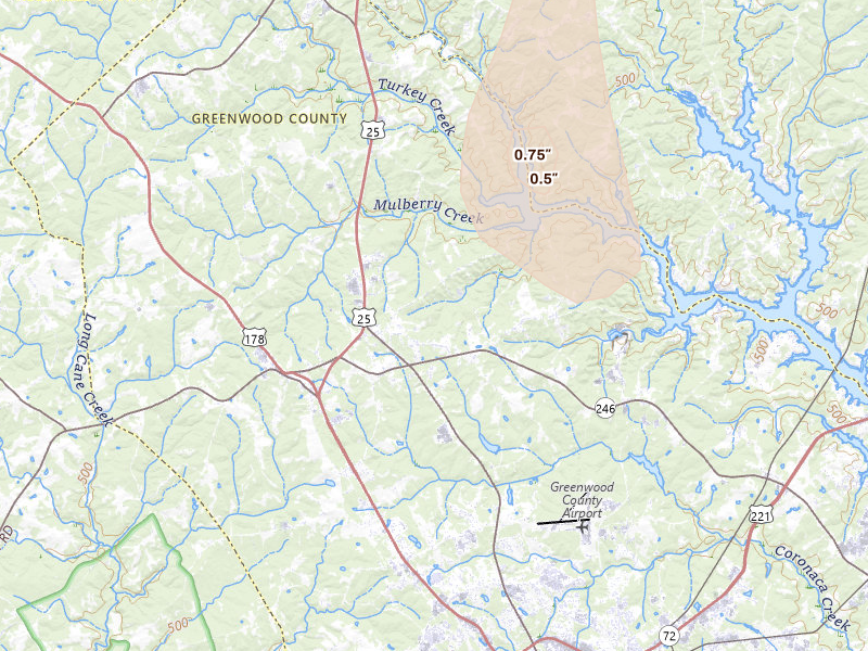Radar-estimated hail-size map of the storm over Hodges, SC on May 22, 2026