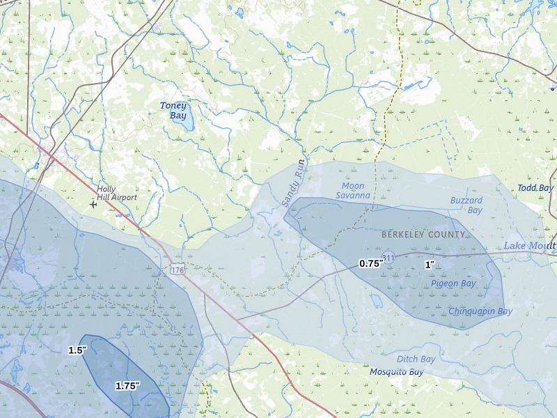 NEXRAD radar-signature map of the hail storm over Holly Hill, SC on Jul 6, 2026