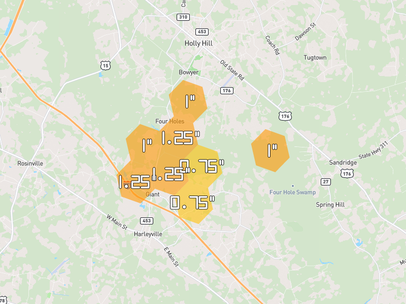 Hail map of Holly Hill, SC on Jul 6, 2026, hail up to 1.25"