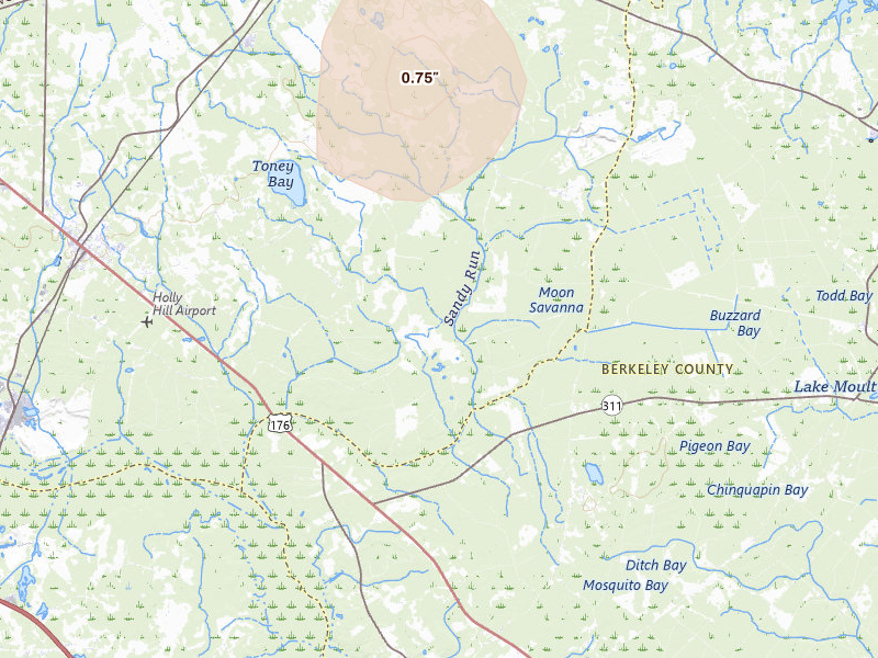 Radar-estimated hail-size map of the storm over Holly Hill, SC on Jul 10, 2026