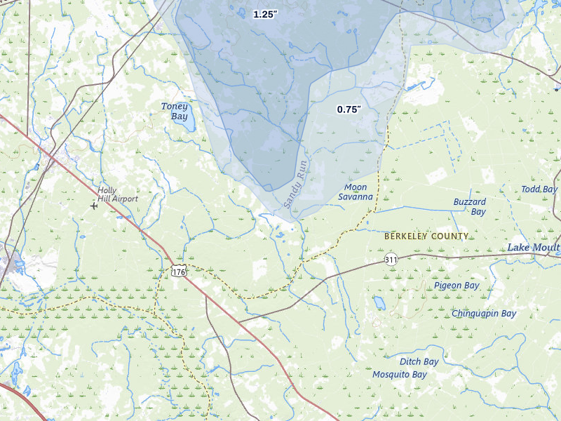 NEXRAD radar-signature map of the hail storm over Holly Hill, SC on Jul 10, 2026