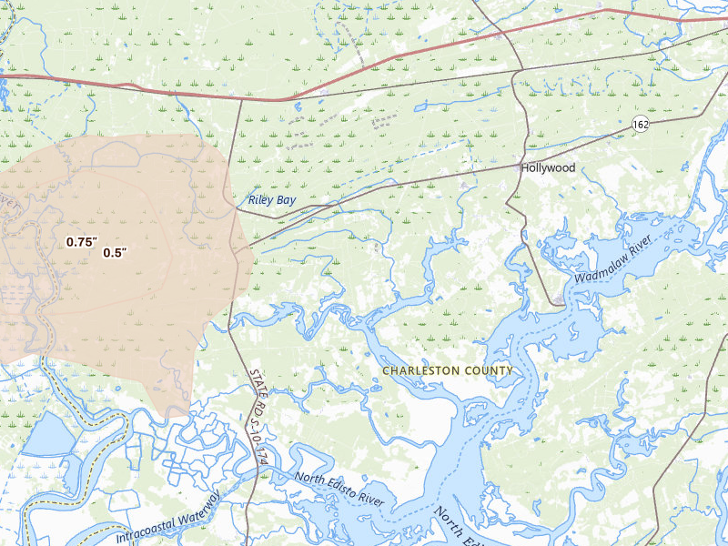 Radar-estimated hail-size map of the storm over Hollywood, SC on Jul 10, 2026