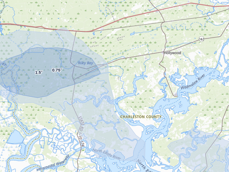 NEXRAD radar-signature map of the hail storm over Hollywood, SC on Jul 10, 2026