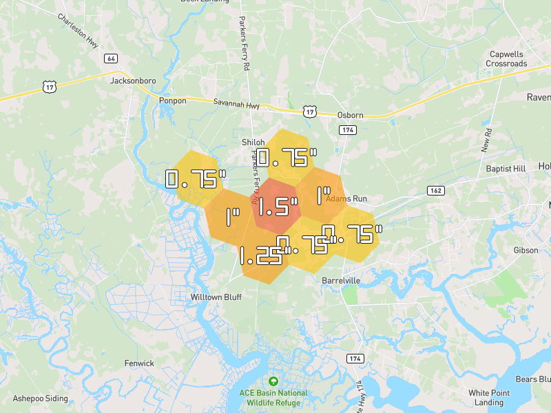 Hail map of Hollywood, SC on Jul 10, 2026, hail up to 1.5"