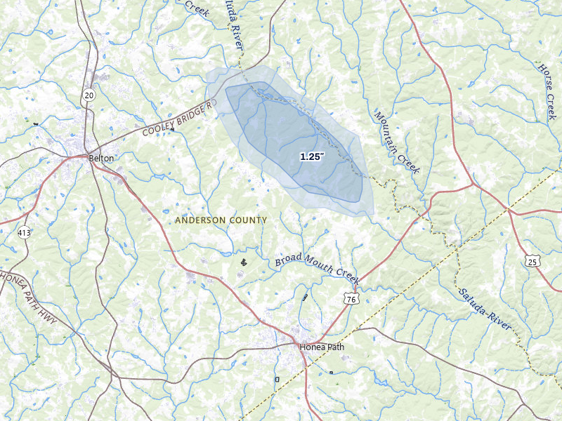 NEXRAD radar-signature map of the hail storm over Honea Path, SC on Mar 16, 2026