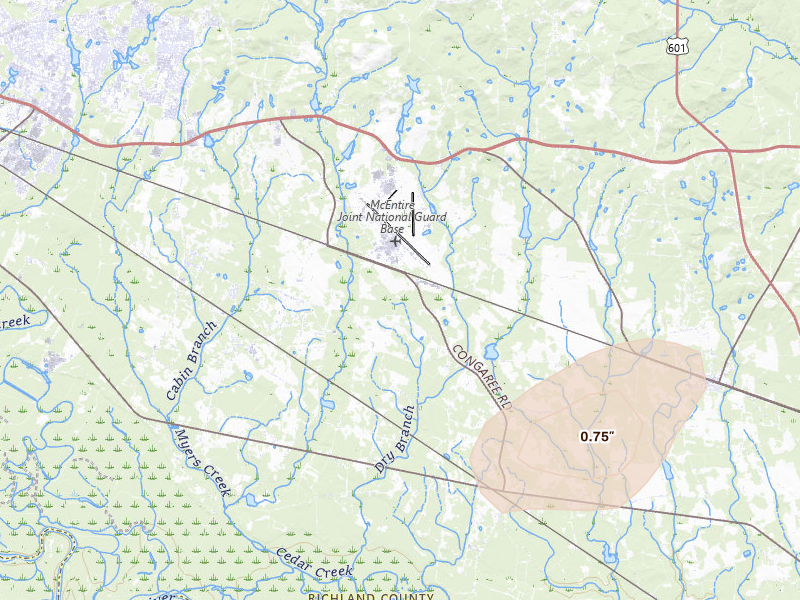 Radar-estimated hail-size map of the storm over Hopkins, SC on Jul 6, 2026