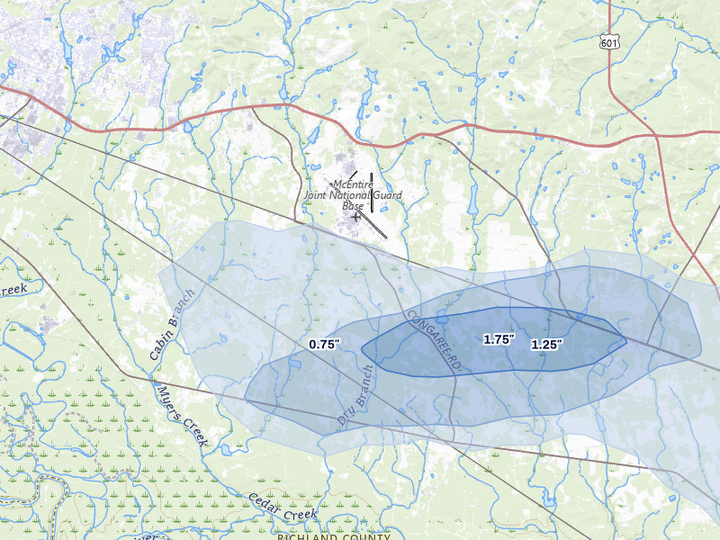 NEXRAD radar-signature map of the hail over Hopkins, SC