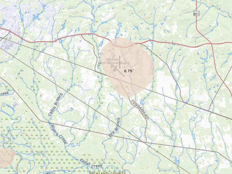 Radar-estimated hail-size map of the storm over Hopkins, SC on Jul 10, 2026