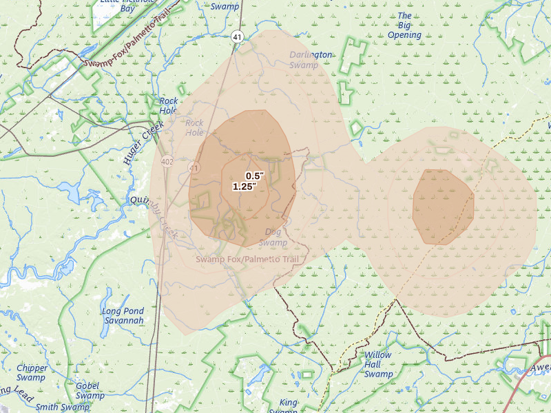 Radar-estimated hail-size map of the storm over Huger, SC on Jun 12, 2026