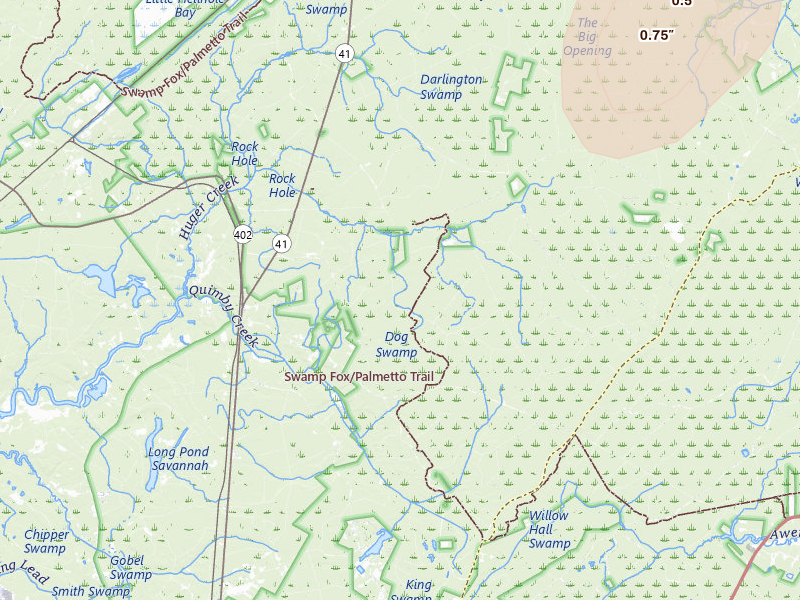 Radar-estimated hail-size map of the storm over Huger, SC on Jul 5, 2026