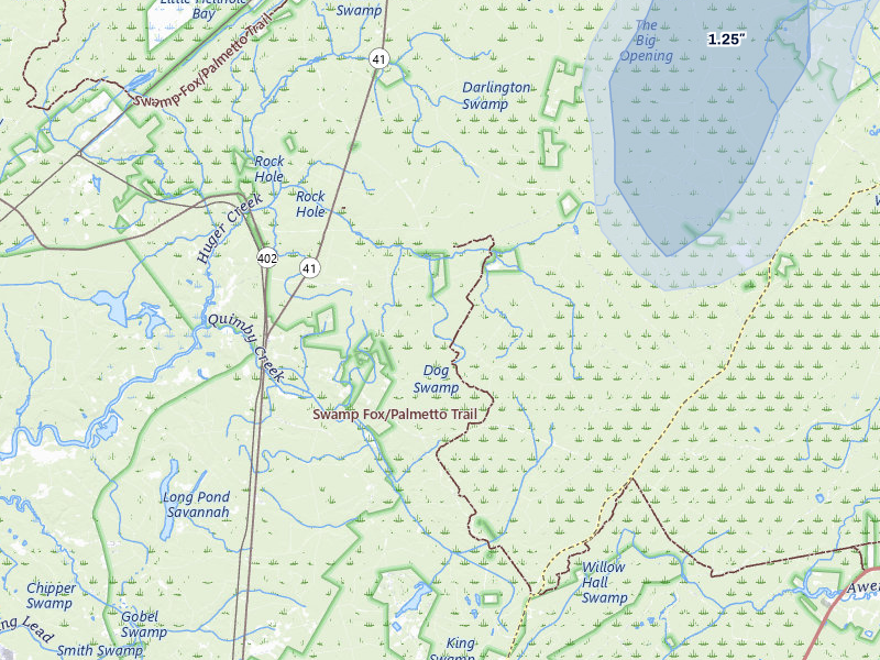 NEXRAD radar-signature map of the hail storm over Huger, SC on Jul 5, 2026