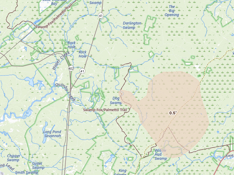 Radar-estimated hail-size map of the storm over Huger, SC on Jul 7, 2026