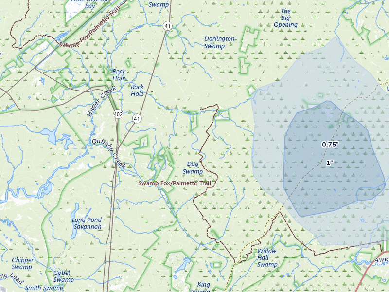 NEXRAD radar-signature map of the hail storm over Huger, SC on Jul 7, 2026