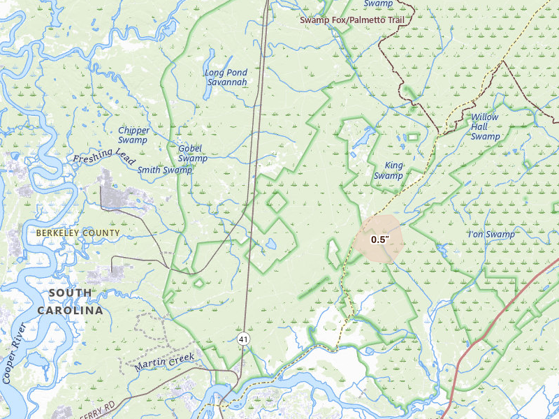 Radar-estimated hail-size map of the storm over Huger, SC on Aug 10, 2026