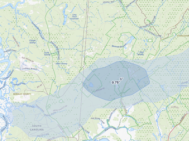 NEXRAD radar-signature map of the hail storm over Huger, SC on Aug 10, 2026