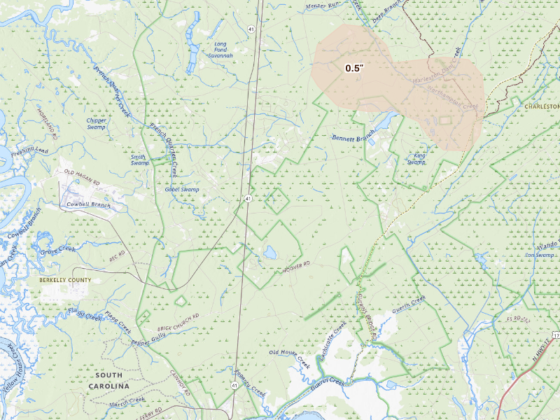 Radar-estimated hail-size map of the storm over Huger, SC